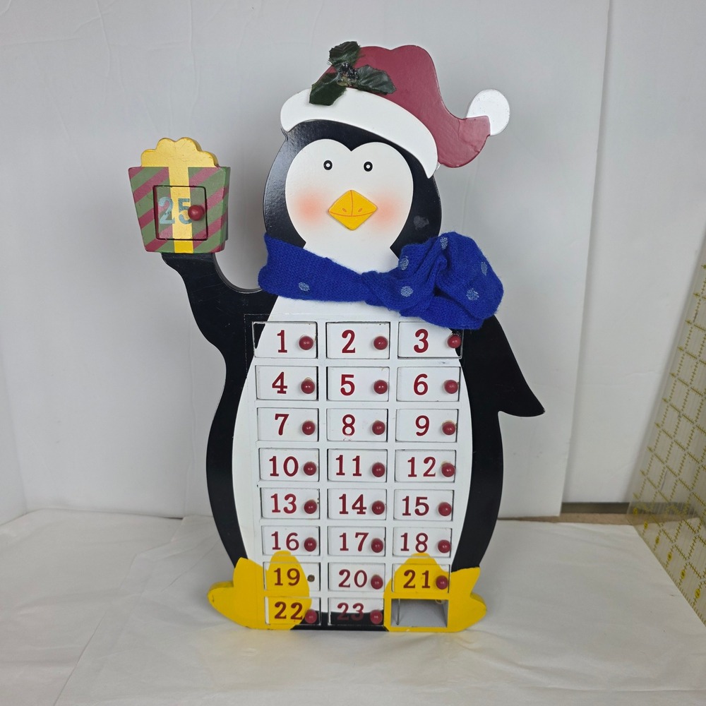 Wooden Penguin Advent Calendar 25 Drawers Christmas Holiday Countdown‎ 18 Inch